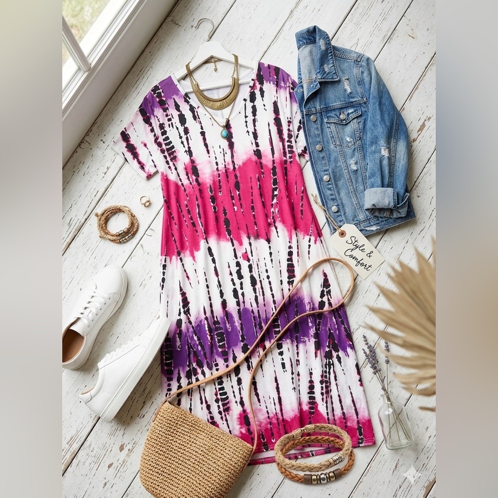 Tie Dye V-Neck Midi Dress Pink Purple 2XL